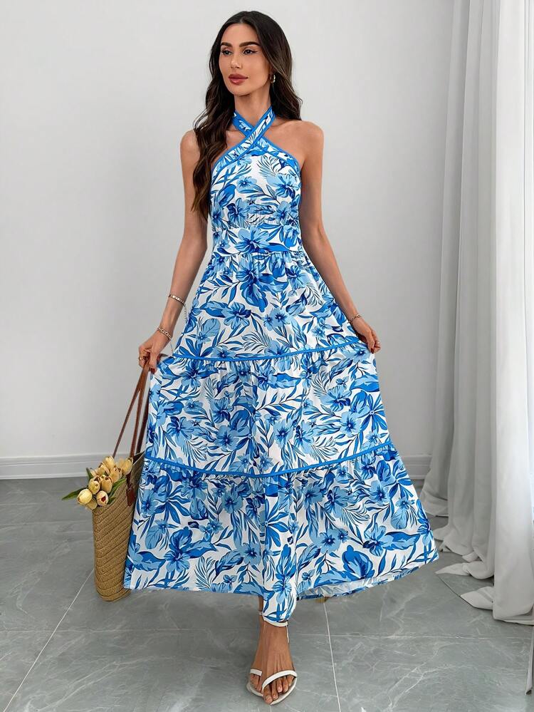 Women's Blue Floral Print Halter Midi Dress: Sleeveless Boho Summer Dress With Ruffle Hem And Tiered Skirt