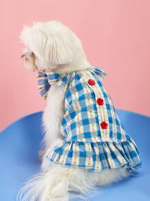 PETSIN 1 件田园风格蓝色格子蕾丝边盖袖可爱宠物狗连衣裙 - 藍色 - 查看 4