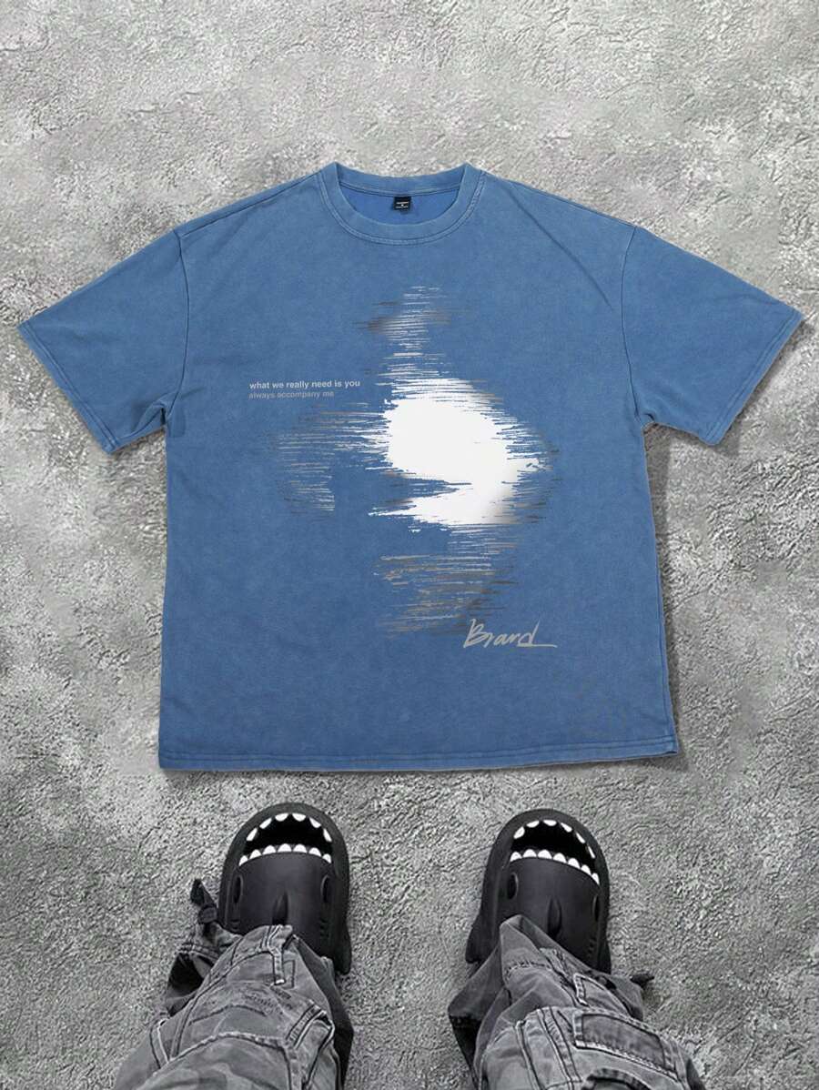 Manfinity EMRG 男士水洗雪水模糊人脸印花圆领短袖T恤，春夏男装，男友礼物，Y2K风格男装