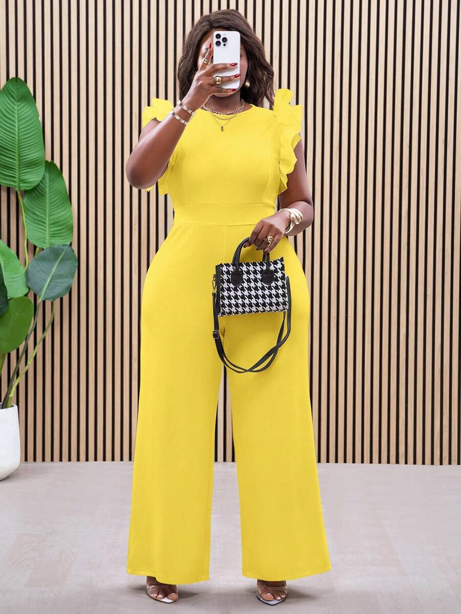 Elegant & Party & Gathering & Date Slim Solid White Sleeveless Woven Ruffle Patchwork Textured Fabric Jumpsuit For Plus Size Women, Spring/Summer - Yellow - View 1