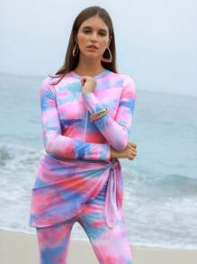 Swim Shayni Spring Break 3pcs Set Middle East Style Water Color Tie Dye Printing Long Sleeve & Pants Modest One Piece Swimsuit With Shawl Cover Up - Multicolor - View 1