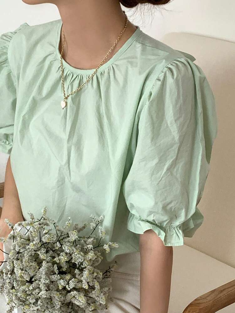 Women's Solid Color Puff Sleeve Tie Front Loose Fit Short Sleeve Mint Green Blouse, Spring/Summer