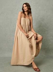 Poéselle 女士连衣裙 棉质舒适纽扣后系带卡其色连衣裙 宽松摆裙 中长裙 吊带裙 女士纯色褶皱吊带裙，休闲度假风格 夏季女装 太阳裙 夏装 夏装 春装 夏季女装 超长裙 长裙 夏季服装 西方女装 休闲裙 波西米亚风女装 - 卡其色 - 查看 2