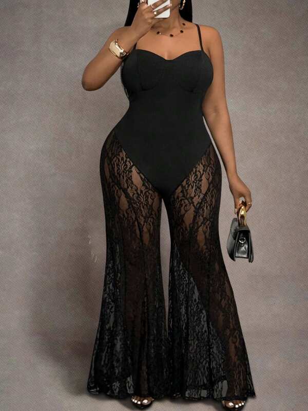 Slaydiva Plus Size Black Lace Jumpsuit: Elegant Sleeveless Spaghetti Strap Semi-Sheer Long Knitted Jumpsuit With Flared Legs For Women