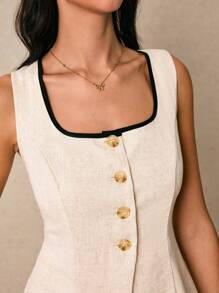 Poéselle 2pcs Women's Contrast Trim Spaghetti Strap Square Neck Top And Shorts Set - Apricot - View 8