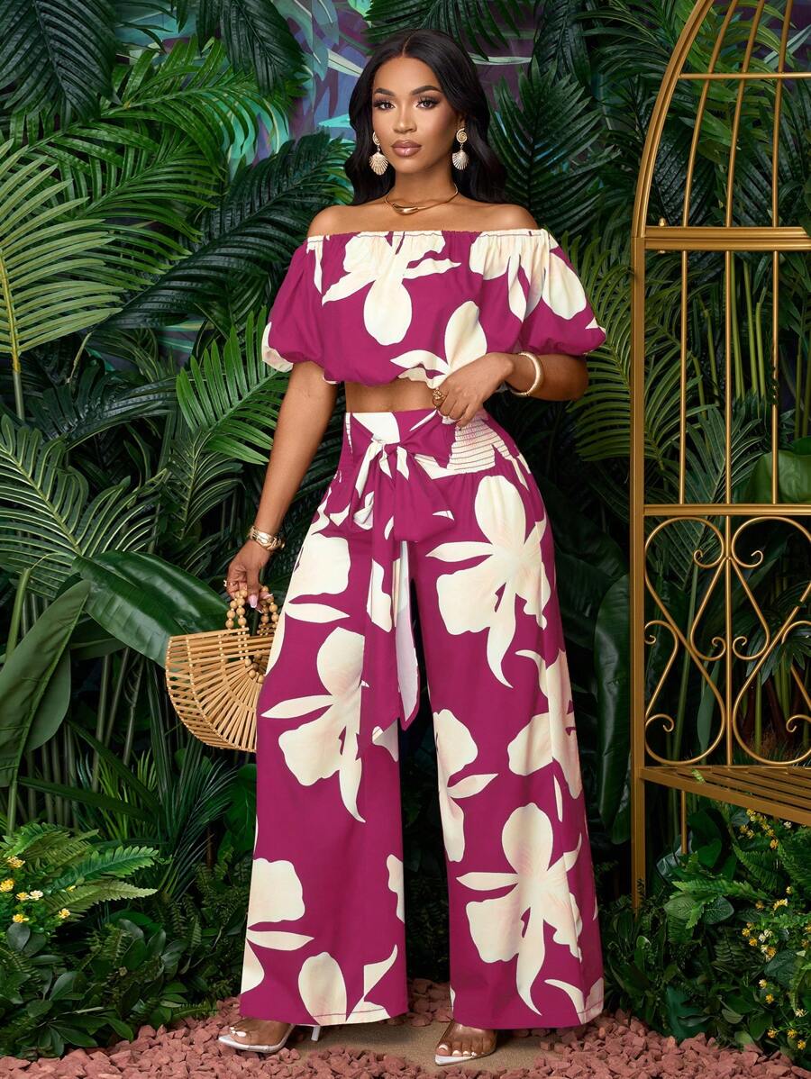 SOLERSUN Spring And Autumn Women Casual Vacation Outfit, Blue Floral Print One Shoulder Cropped Top With Gathered Cuffs, Waist Tie Wide Leg Pants Two Pieces Set