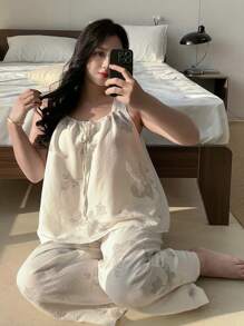 Dazy Plus Plus Size All-Over Floral Print Loose Camisole Top And Pants Home Pajama Set, Back To School Clothes