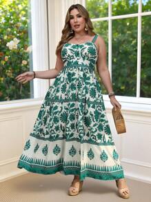SHEIN Holidaya Abito estivo alla moda, retrò ed elegante, con stampa floreale verde, senza maniche, adatto per vacanze