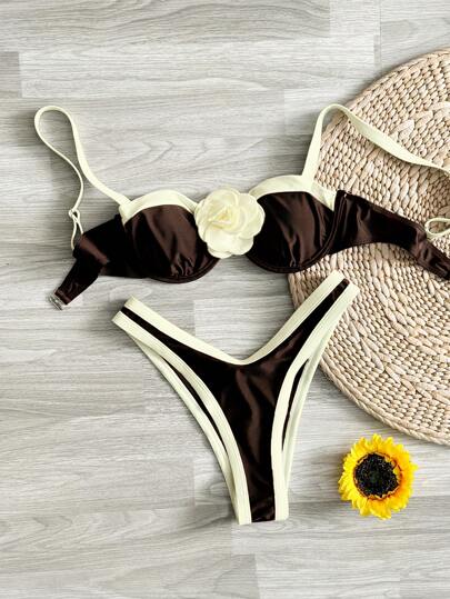 Swim Mod 2pcs/Set Beach Outfits For Women: Monochrome Patchwork Underwire Top With White Flower Front Strap, Fashionable Triangle Bottom, Casual Sexy Bikini Swimsuit For Summer Beach Vacation