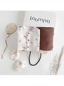 SHEIN Newborn Baby 4-Piece Set: Cartoon Sun Print Long Sleeve Jumpsuit, Hat, And Swaddle Blanket - Apricot - View 1