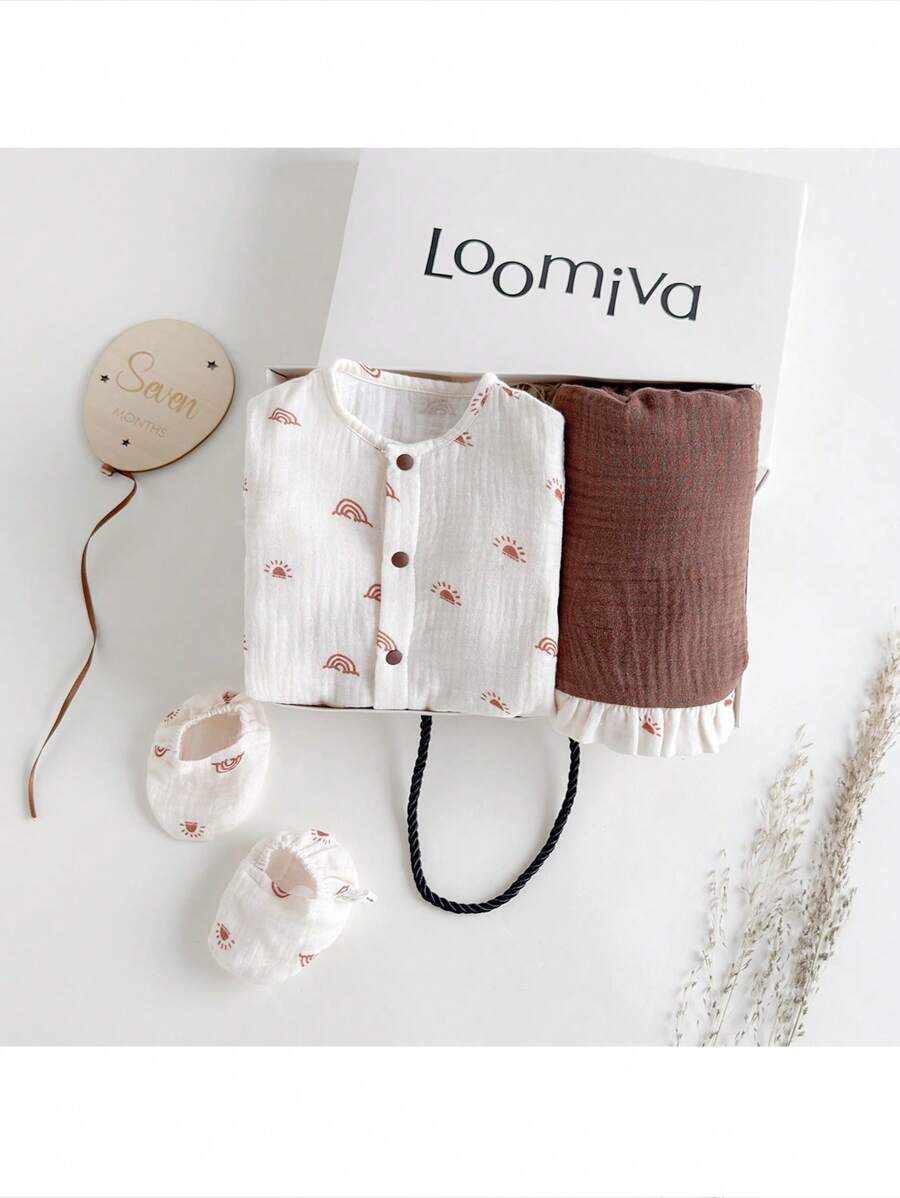 SHEIN Newborn Baby 4-Piece Set: Cartoon Sun Print Long Sleeve Jumpsuit, Hat, And Swaddle Blanket - Apricot - View 1