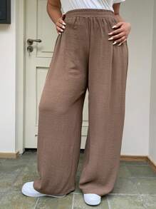 Dazy Plus 大码松紧腰宽松阔腿雪纺裤 - 卡其色 - 查看 3