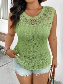 SHEIN Frenchy Plus Size Knitted Vest, Sleeveless, Solid Color, Fashion, Suitable For Summer - Green - View 3