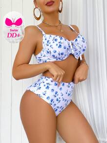Swim DD+ Ditsy Floral Push-Up Padded Spaghetti Strap Bikini Set For Summer Beach Vacation - Blue and White - View 6