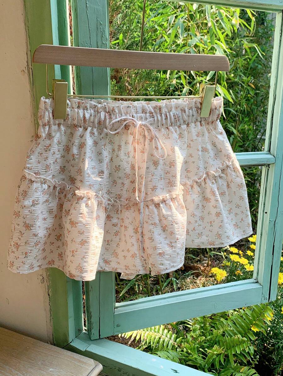 Comfortcana Women's Ditsy Floral Ruffle Casual Shorts, Suitable For Summer, Boho Women's Clothing Biker Shorts, Vacation Outfits Woman, Skorts For Women, Renaissance Fair - Beige - View 1