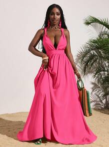 Slaydiva Women's Sexy Summer Vacation Solid Color Orange Deep V-Neck Backless Criss-Cross Dress - Hot Pink - View 3