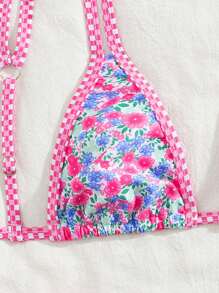 Swim Mod Set de 2 piezas para vacaciones de verano: Bikini con Top sin mangas con estampado de frutas en todo el diseño y detalles de contraste, y Bottom con tiras laterales