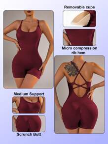 SHEIN Core Rhythm Women Solid Color Backless Tie Sports Jumpsuits Workout Rompers Jumpsuits Workout Clothes Women Women Clothing Athletic Women Sports Outfit - Burgundy - View 3