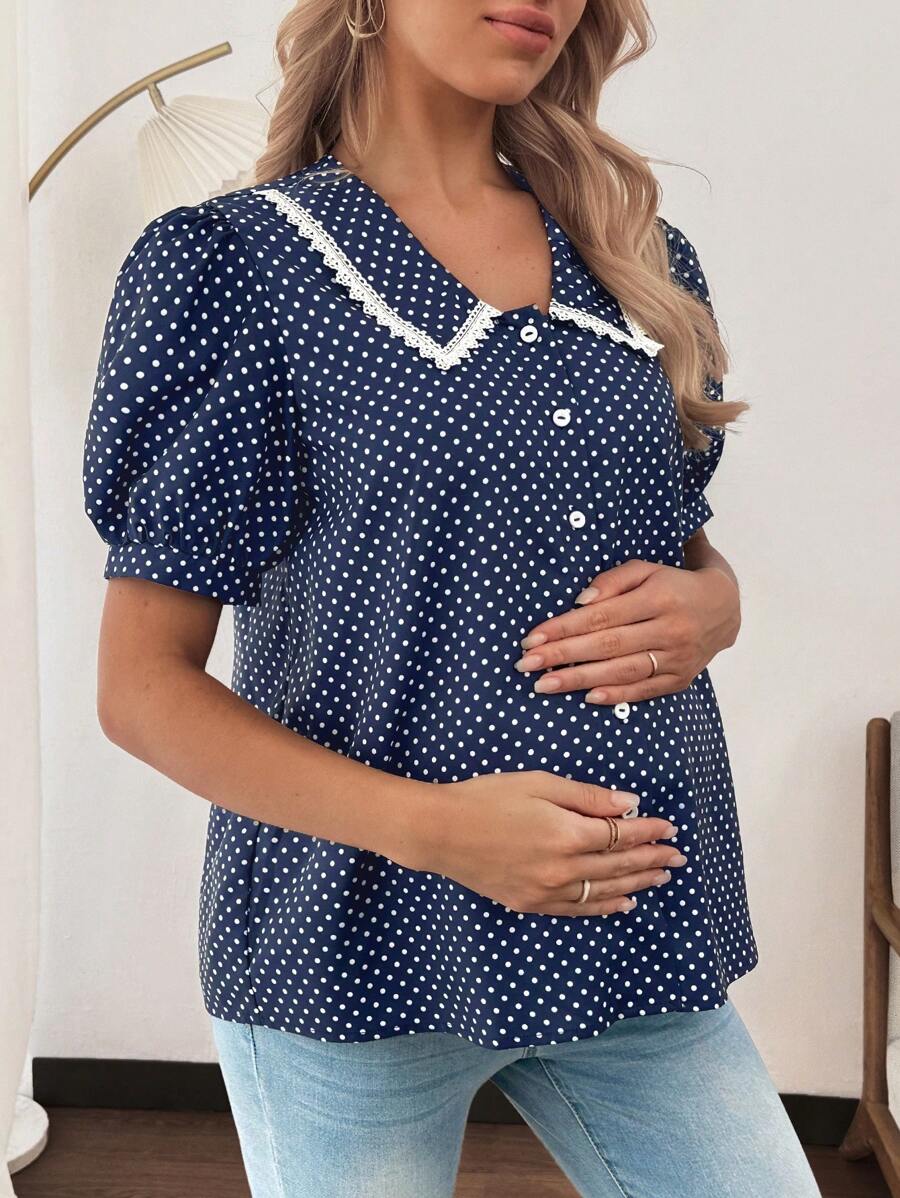 SHEIN 孕妇休闲波尔卡圆点印花泡泡袖衬衫（夏季） - 藏蓝色 - 查看 1