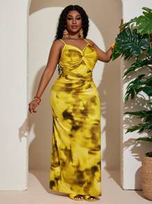 Slaydiva Plus Size Women Elegant & Romantic Party Twist Print Bodycon Slit Midi Dress - Yellow - View 5