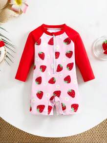 SHEIN Baby Girl Strawberry Print Raglan Sleeve One-Piece Rash Guard With Shorts - Multicolor - View 8
