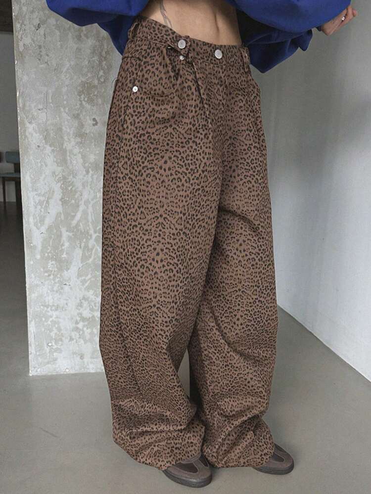 Women Leopard Print Wide Leg Loose Pocket Pants Cheetah Print