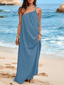 SHEIN VCAY Vacation Beach Solid Color Textured Asymmetrical Neck Dress - Medium Wash - View 4