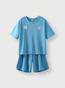 JNSQ Back To School Clothes, Tween Girl And Boy Outdoor Sports Short Sleeve Shorts Uniform Set, Children's Contrast Color Crew Neck Outdoor Sports Short Sleeve Uniform Set - Blue - View 9