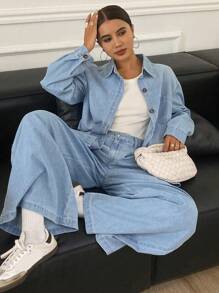 DAZY Women Solid Color Shirt Top & Jeans Trousers Set,Fall Clothes - Light Wash - View 3