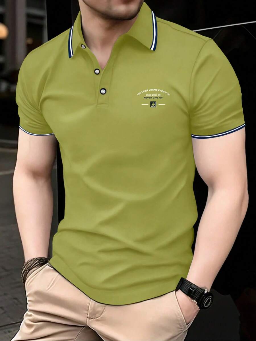 Manfinity Dauomo Men's Fashionable Street Style Logo Print Polo Shirt - Green - View 1