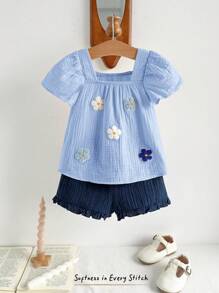 Cozy Pixies 2pcs Baby Girl Floral Print Ruffle Collar Puff Sleeve Pullover Top And Elastic Waist Pants Set