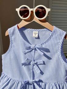 SHEIN Young Girl Cute Summer Versatile Pink Striped Bow Sleeveless Blouse