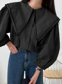 DAZY 女士纯色翻领简约长袖衬衫，秋装 - 黑色 - 查看 3