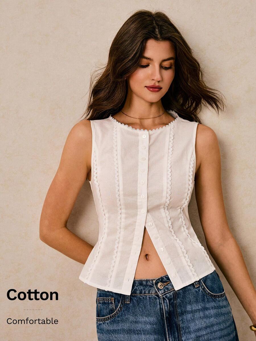 Poéselle Áo hai dây nữ thoải mái, cài khuy ren phía sau, thắt eo, kiểu dáng dễ thương, thanh lịch, màu trơn, viền ren, cài khuy phía trước, áo trắng mùa hè, áo mùa hè, áo cưới mùa hè, áo trắng mùa hè, áo nữ đi chơi, áo sơ mi mùa hè, áo trắng, áo kiểu dễ thương, áo kiểu cao bồi mùa xuân, trang phục phương Tây nữ, áo kiểu Y2K. - trắng - Xem 1