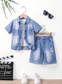 Young Boys' Ripped Denim Two-Piece Outfit: Medium Wash Short Sleeve Collared Shirt And Bermuda Shorts Set - Medium Wash - View 1