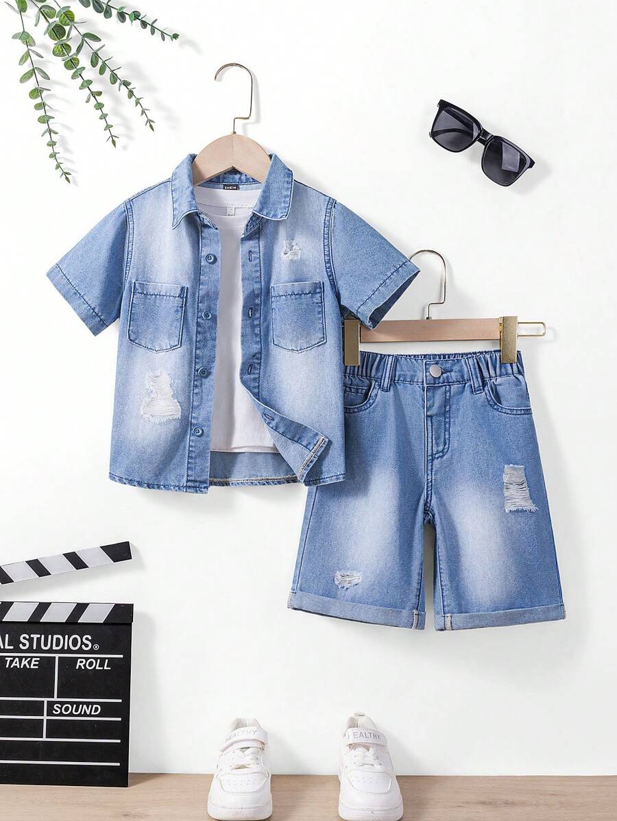 Young Boys' Ripped Denim Two-Piece Outfit: Medium Wash Short Sleeve Collared Shirt And Bermuda Shorts Set - Medium Wash - View 1