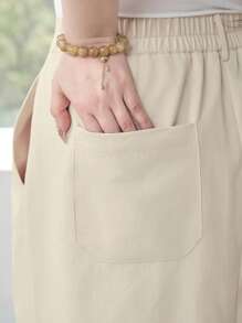 Dazy Plus Plus Size Solid Color Straight Fit High Waist Skirt, Year-Round Wear Fall Skirts - Apricot - View 7