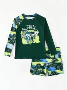 SHEIN Tween Tween Boys' Printed Two Pieces Swimwear, This Tween Boys' Swimwear Features A Unique And Eye-Catching Dinosaur Print Design On A Blue Background, Showcasing An Adventurous Spirit. The Soft And Comfortable Material Is Suitable For Various Water Activities. The Long Sleeve Design Can Effectively Block The Sun And Protect Delicate Skin. This 2025 New Swimming Suit Is Perfect For Young Tween Boys Who Love Swimming, Making Them More Confident In The Water. - Multicolor - View 7