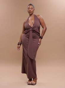 MUSERA 加大码露背深V领修身垂褶系带长裙，毕业季性感可爱优雅度假飘逸百搭长裙，夏季度假必备 - 咖啡棕 - 查看 1