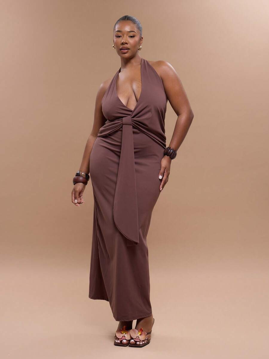 MUSERA 加大码露背深V领修身垂褶系带长裙，毕业季性感可爱优雅度假飘逸百搭长裙，夏季度假必备 - 咖啡棕 - 查看 1