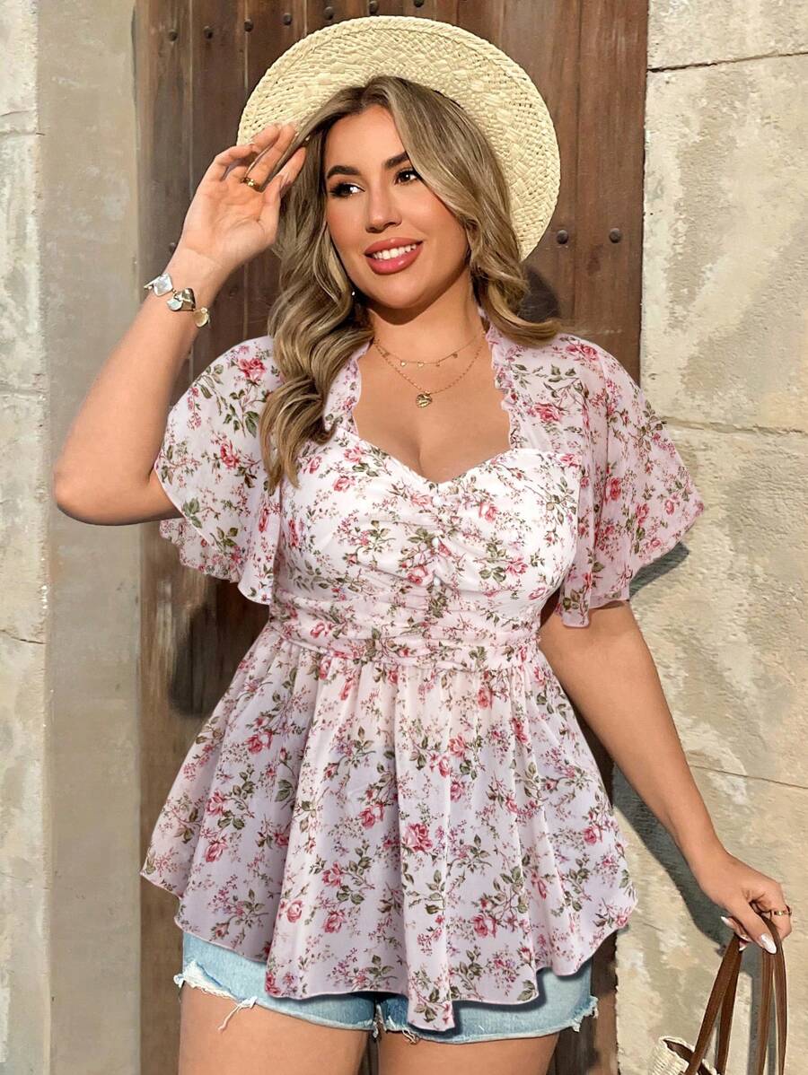 Flirla Plus Size Short Sleeve Shirt, Fashion And Suitable For Summer - Pink - View 1