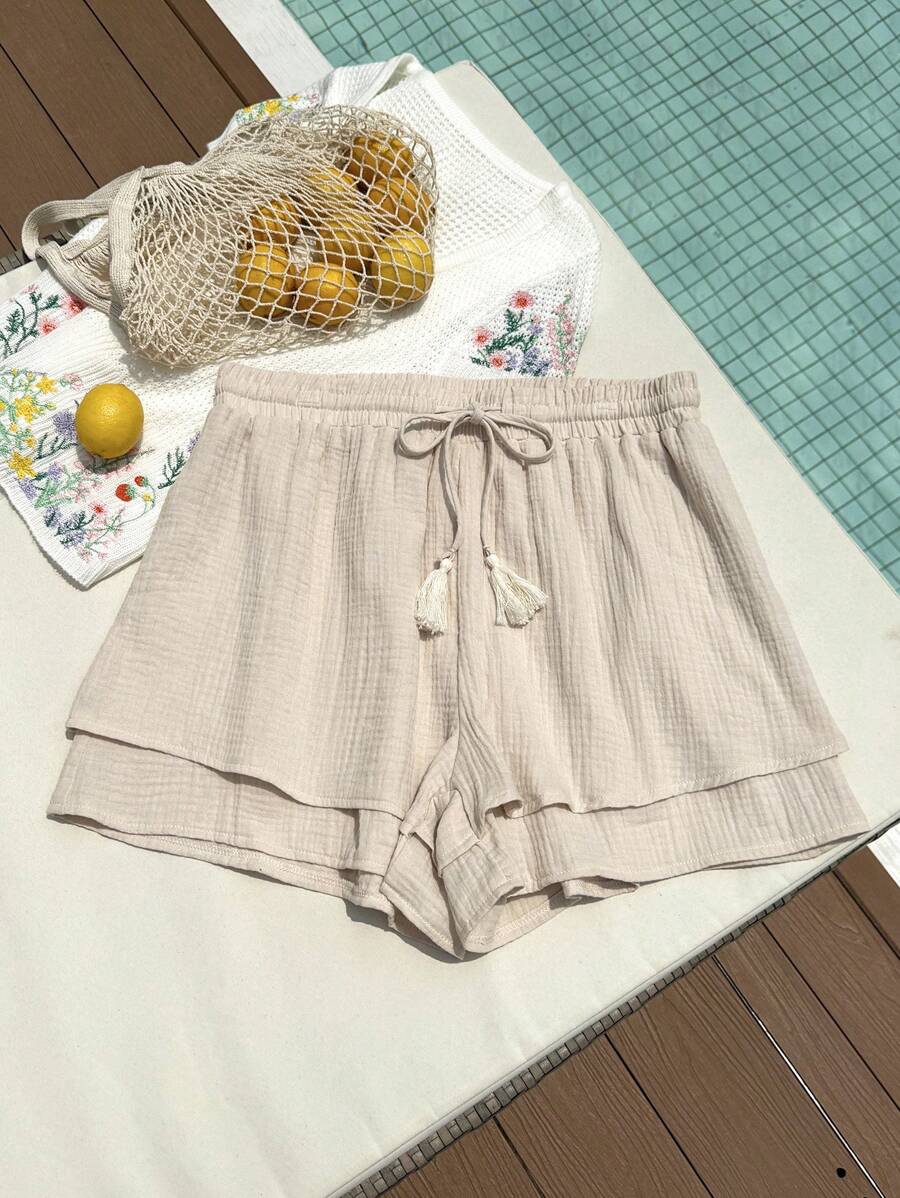 SHEIN EZwear Plus Size Woven Waist Tie Ruffle Hem Holiday Shorts, Spring - Apricot - View 1