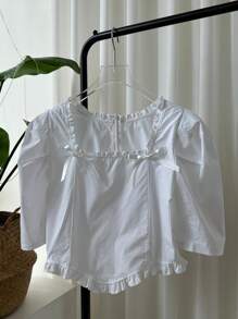 DAZY Square Collar Loose Half Sleeve Bow Decor Women Blouse Summer Cute Tops - White - View 8