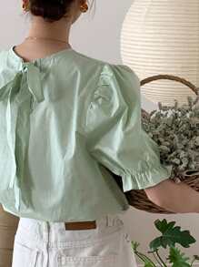 DAZY Women's Solid Color Puff Sleeve Tie Front Loose Fit Short Sleeve Mint Green Blouse, Spring/Summer - Mint Green - View 8
