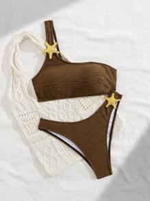 SHEIN Swim 2pcs Women Spring Star Shoulder Ribbed Fabric Red Bikini Set For Summer Beach Vacation - Brown - View 1