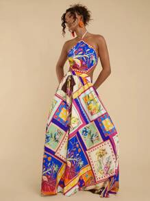 Travachic Women's Boho Maxi Dress: Sleeveless Halter Neck, Tropical Patchwork Print, Flared Woven Fabric, Knot Detail For Summer