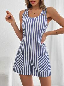 SHEIN Essnce Mono informal de mujer sin mangas con diseño de botones a rayas - azul real - Ver 6