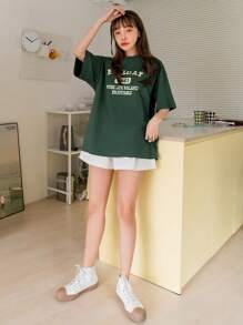 DAZY Letter Graphic Drop Shoulder Tee Summer Oversized T-Shirt Easter - Green - View 4