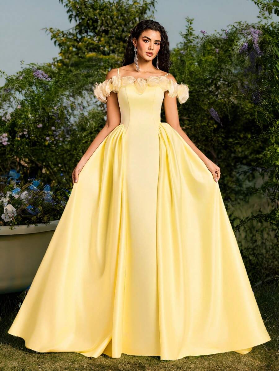Glamrae Váy trễ vai sang trọng thanh lịch với thiết kế hoa 3D, váy quá khổ thích hợp cho đám cưới, tiệc tùng, kỳ nghỉ, tiệc chiêu đãi, váy dự tiệc cưới, váy trang trọng, váy dạ hội, váy dạ hội - Màu vàng - Xem 1