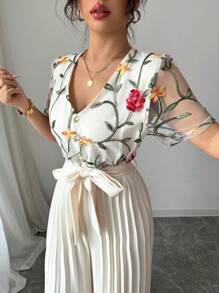 Elenzga Women's Elegant Embroidered Short Sleeve Ruched Jumpsuit With Waist Design - Apricot - View 4